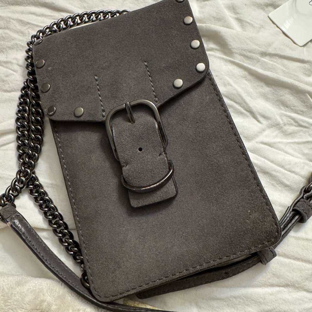 Rebecca Minkoff Studded Suede Phone Crossbody Bag Gray Belt Pouch